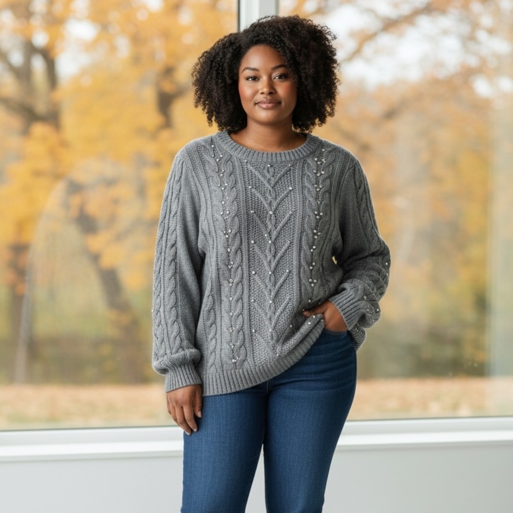 Ricki's Elegant Gray Cable Knit Sweater
